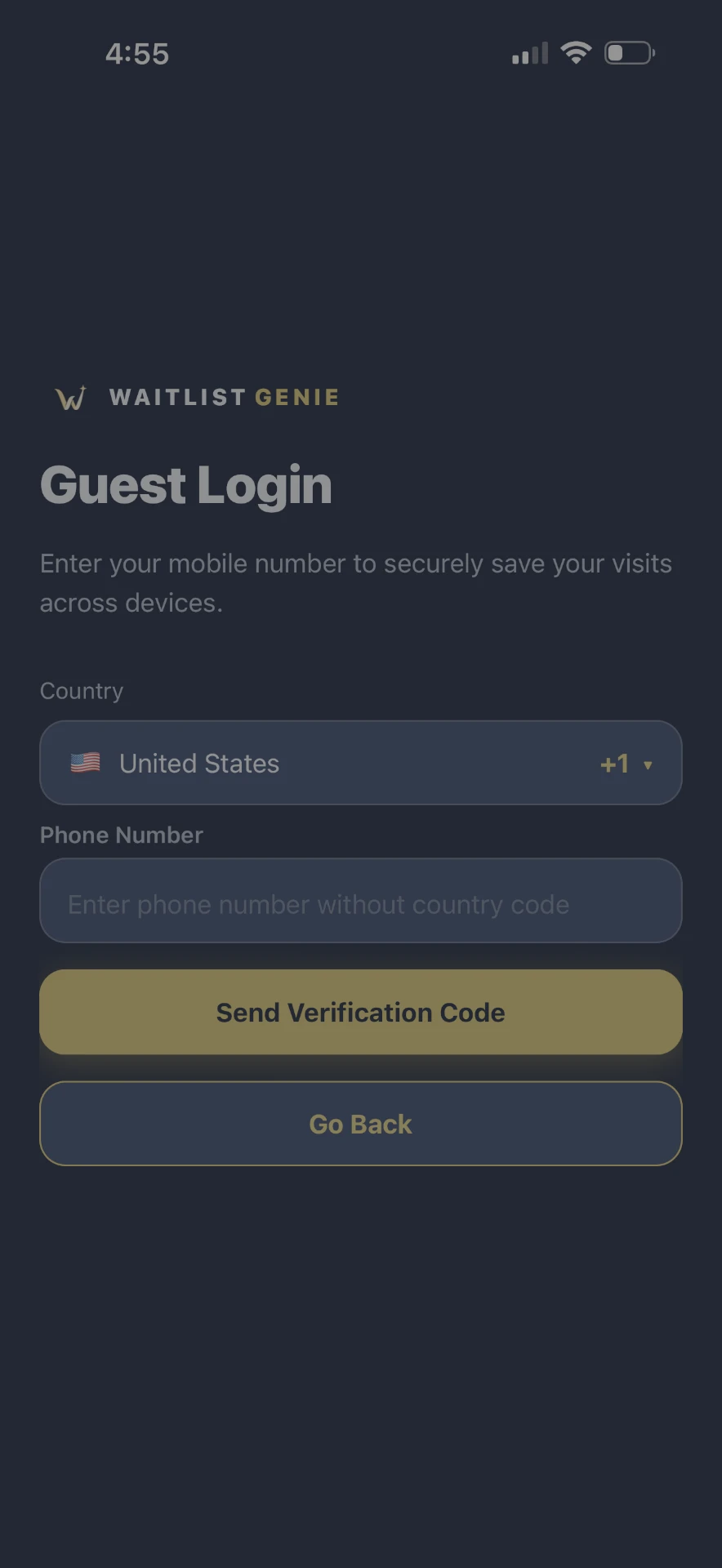 WaitlistGenie mobile guest sign-in screen with country selector and phone number entry