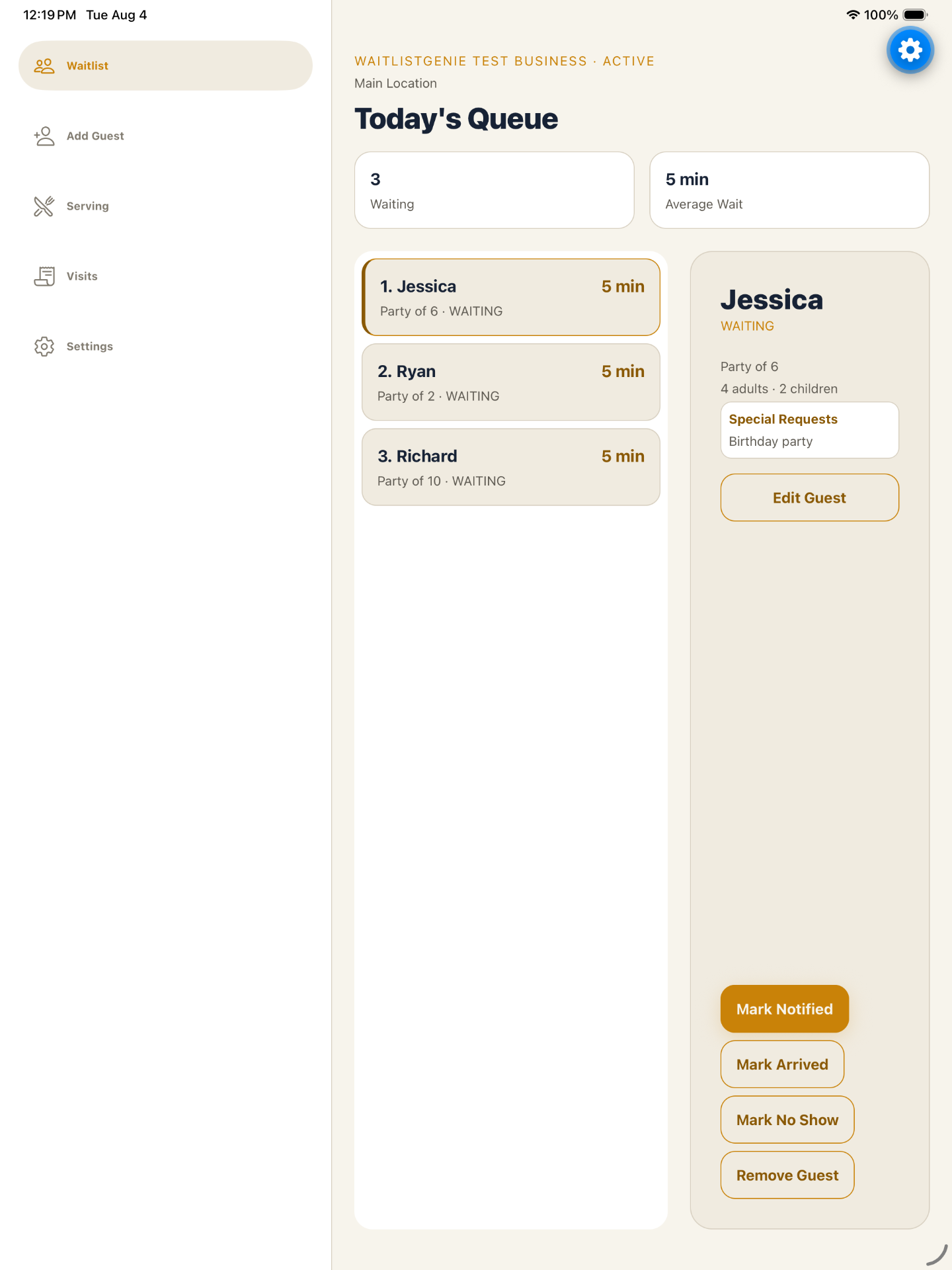 Synthetic WaitlistGenie queue displayed in a light appearance