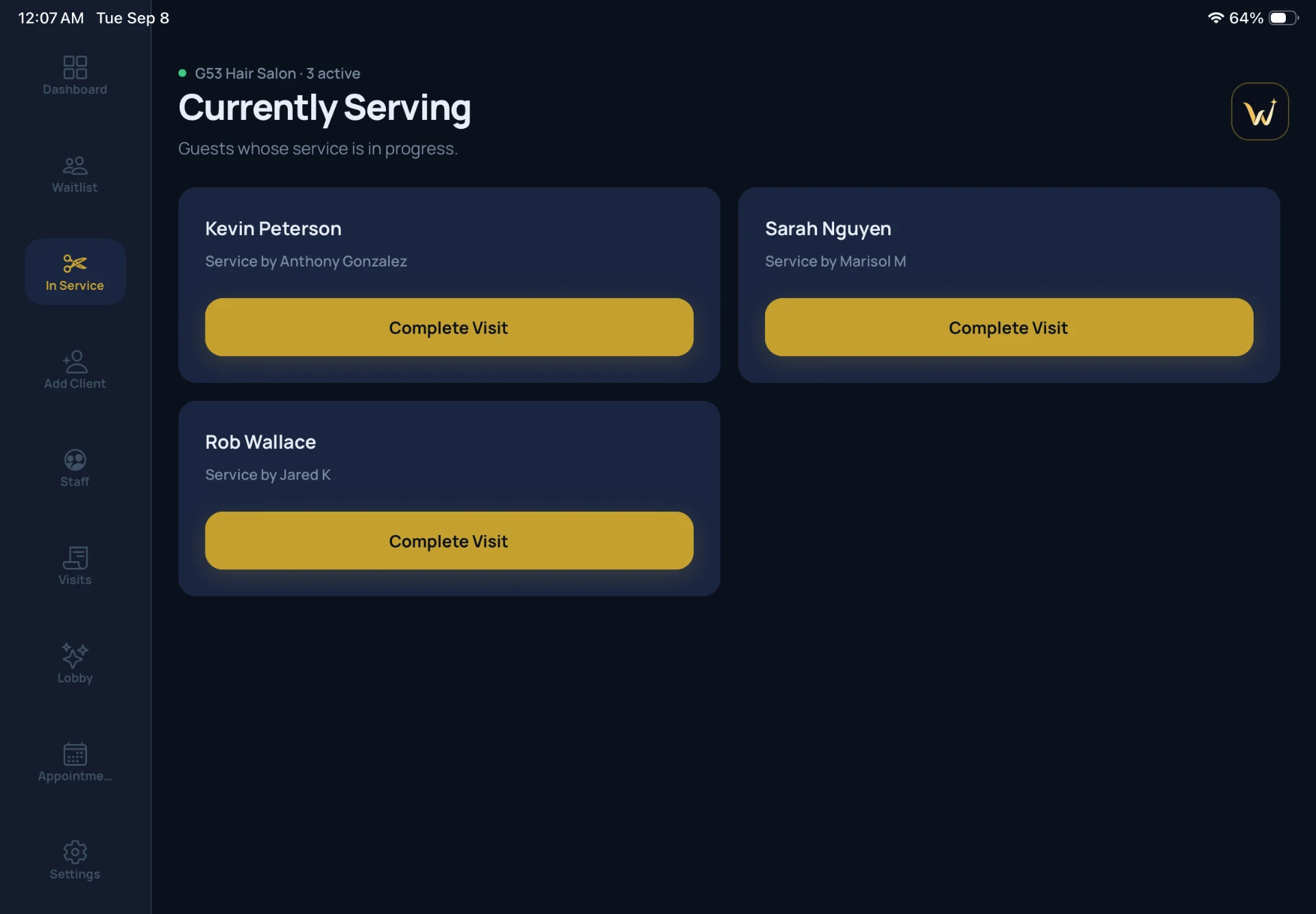 Salon In Service view showing demo guests with their assigned stylists