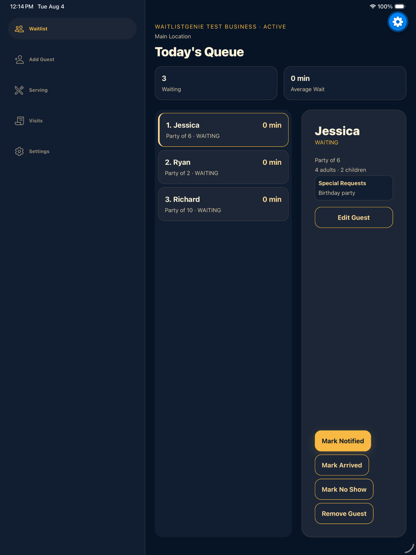 Synthetic WaitlistGenie manager queue showing demo parties and wait details